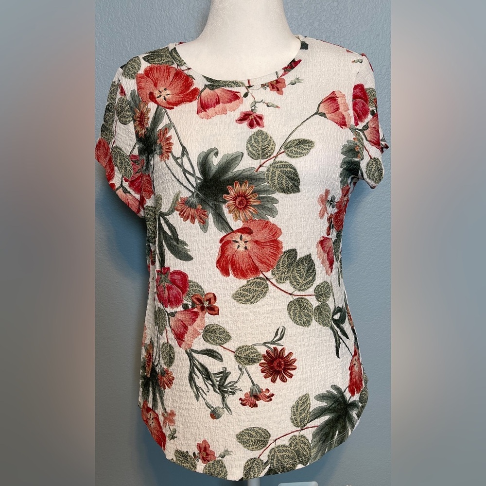 Chico’s Floral Crinkle Knit Top Short Sleeve Textured Blouse Cottagecore Large - Picture 1 of 6